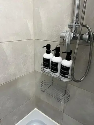 a bathroom with three shampoo bottles on a shelf at Letastay in Trakai