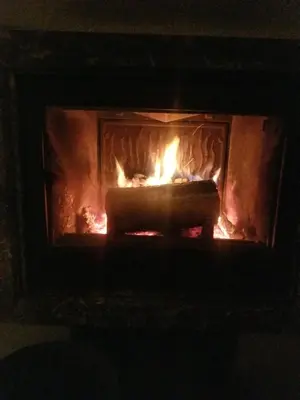 a fireplace with a fire in it with flames at A&S Vidugiris in Jurbarkas