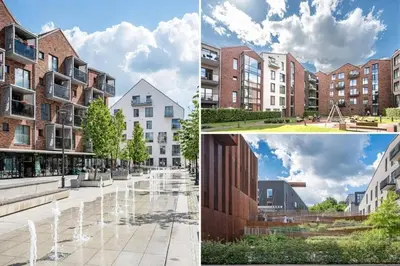 two pictures of a street with buildings and a fountain at Spacious 2 bedroom Luxury Apartment in Vilnius