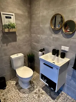 a bathroom with a toilet and a sink and a mirror at DeerHouse in Kaliakiemiai