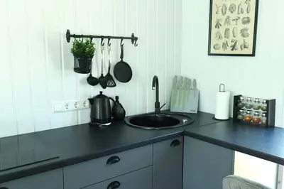 a kitchen with a sink and a counter with utensils at DeerHouse in Kaliakiemiai