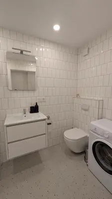 a bathroom with a toilet sink and a washing machine at Kaunas River-View Retreat Free Parking in Kaunas