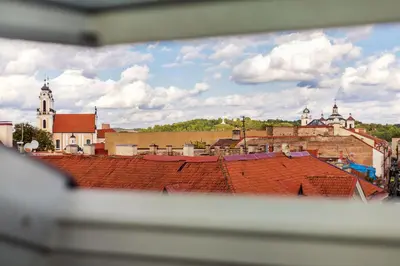 a view of a city with roofs and a church at Old city gate in Vilnius