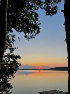a sunset on a lake with trees in the foreground at Villa Poilsinė in Balninkai