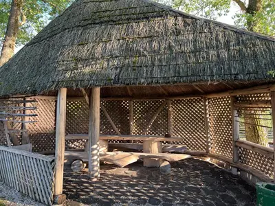 a wooden hut with a thatched roof with a picnic table at Villa Poilsinė in Balninkai