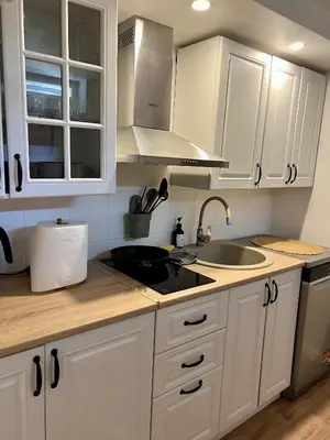 a kitchen with white cabinets and a sink at Villa Poilsinė in Balninkai