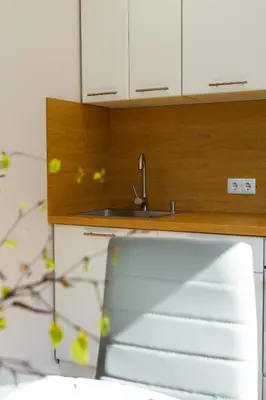 a kitchen with a sink and white cabinets at Gero laiko oazė in Visaginas