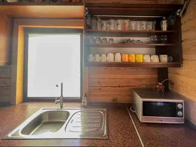 a kitchen with a sink and a microwave at Rubikių Kranto Sodyba in Anykščiai