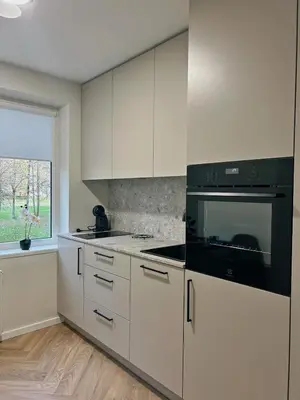 a kitchen with white cabinets and a black stove top oven at Kolibris in Kaunas