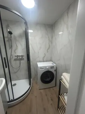 a bathroom with a shower and a washing machine at Kolibris in Kaunas