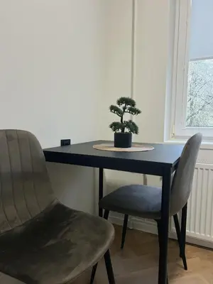 a table and two chairs with a bonsai tree on it at Kolibris in Kaunas