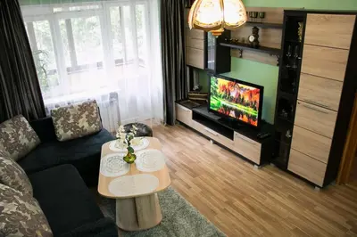 a living room with a couch and a table and a tv at Comfy Bright Apt in OLD TOWN Your Perfect Location in Vilnius