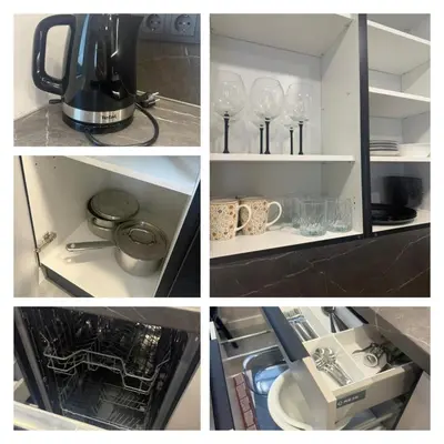 a collage of photos of a kitchen with wine glasses at Naujai įrengti apartamentai Morkus Šiauliai in Šiauliai