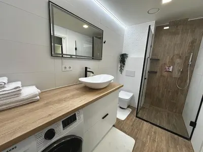 a bathroom with a sink and a washing machine at Lazdyneliu Vingis Vilnius 
