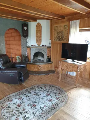 a living room with a fireplace and a television at Semeniukų Sodyba in Rakantai