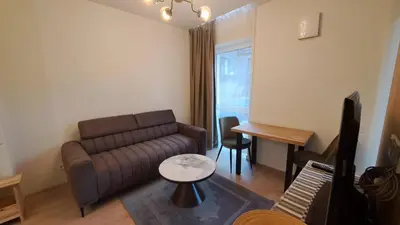 a living room with a couch and a table at Vilnius Apartment in Vilnius