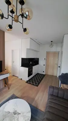 a living room with a couch and a table at Vilnius Apartment in Vilnius