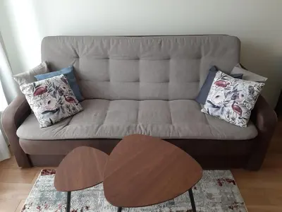 a couch with pillows and a table in a living room at Warmzy Home near Park with Free Parking in Vilnius