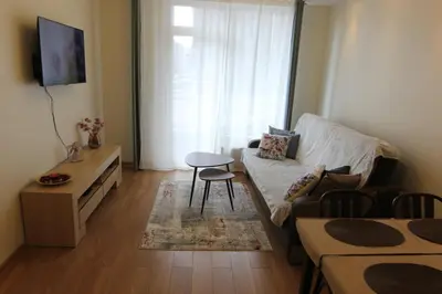 a living room with a couch and a table at Warmzy Home near Park with Free Parking in Vilnius