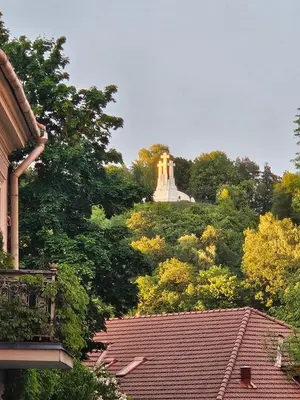 a view of a monument in the middle of trees at Mykoliukas in Vilnius