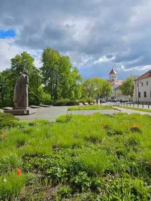 a statue in the middle of a park with flowers at Mykoliukas in Vilnius