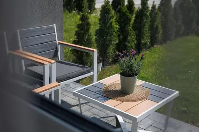 a potted plant sitting on a table next to a chair at Modernus butas prie EŽERO in Vilnius