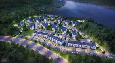 an aerial view of a complex with blue buildings at Modernus butas prie EŽERO in Vilnius