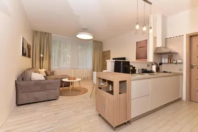 a kitchen and living room with a couch and a table at Apartamentai DU in Druskininkai