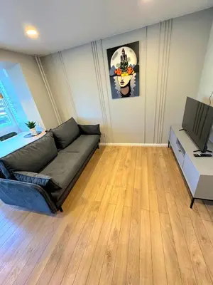 a living room with a couch and a television at Trumpalaikė butų nuoma Kaune prie Klinikų SELF CHECK-IN in Kaunas