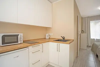 a small kitchen with a microwave and a sink at Compact and Comfy Apartment on the Greenhill in Kaunas