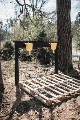 a wooden bench sitting next to a tree at Pinčiukas Bunkeris in Dagiai