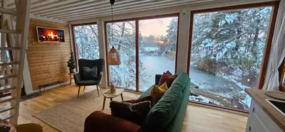 a living room with a couch and a fireplace at Pond View Cabin in Būda