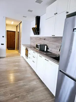 a kitchen with white cabinets and stainless steel appliances at 3 rooms 3 beds apartment with garden in Kaunas