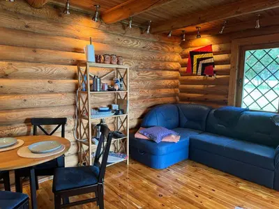a living room with a blue couch and a table at Atostogų namelis ant ežero kranto in Juočionys