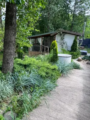 a garden with a house with a tree and grass at Vilnius river house in Dusinėnai