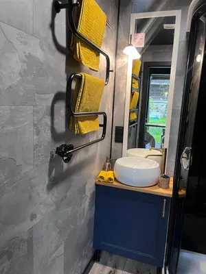 a bathroom with a sink and a mirror at Vilnius river house in Dusinėnai