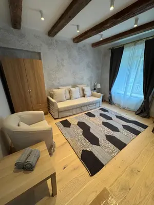 a living room with a couch and a table at BONUM apartments in Vilnius old town in Vilnius