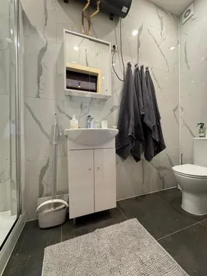 a bathroom with a sink and a shower and a toilet at BONUM apartments in Vilnius old town in Vilnius