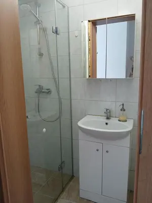 a bathroom with a shower and a sink and a mirror at Studija Kauno centre in Kaunas