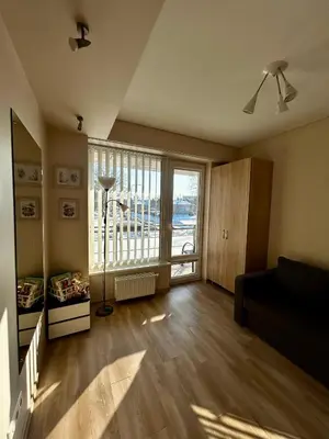 a living room with a couch and a large window at Sunny Lotus Apartamentai in Druskininkai