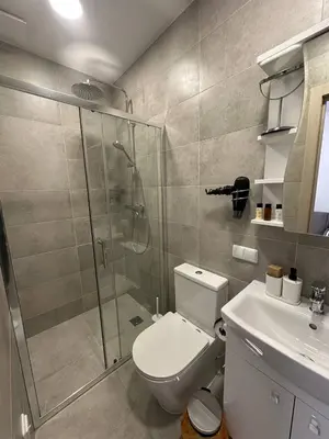 a bathroom with a shower and a toilet and a sink at Užupio Apartamentai Nemokamas parkingas 2 in Vilnius