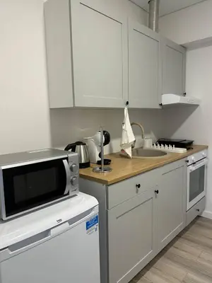 a kitchen with white cabinets and a microwave at Užupio Apartamentai Nemokamas parkingas 2 in Vilnius
