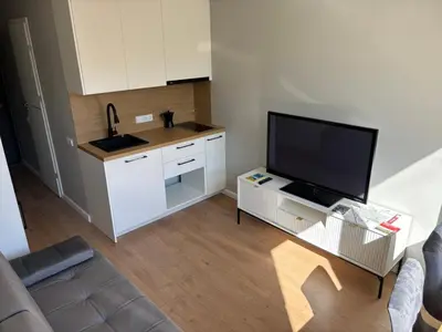 a living room with a tv and a kitchen at RR Apartments in Algirdo street in Vilnius