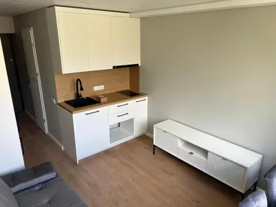 a small kitchen with white cabinets and a sink at RR Apartments in Algirdo street in Vilnius