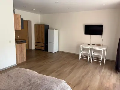 a room with a table and a refrigerator and a television at Saulutė in Birštonas
