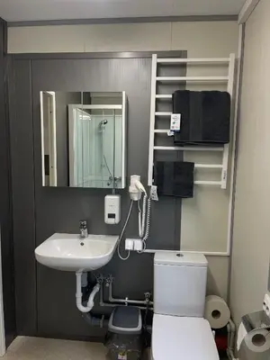 a bathroom with a sink and a toilet and a mirror at Pabrades Apartamentai in Pabradė