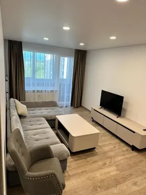 a living room with a couch and a tv at Lauros Apartamentai in Kupiškis