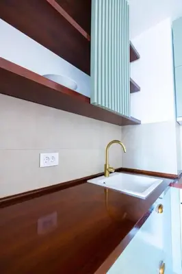 a kitchen with a sink and a counter top at Kalinovs Stay Apartment in Adutiškis