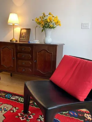 a living room with a chair and a vase of flowers at Kalinovs Stay Apartment in Adutiškis