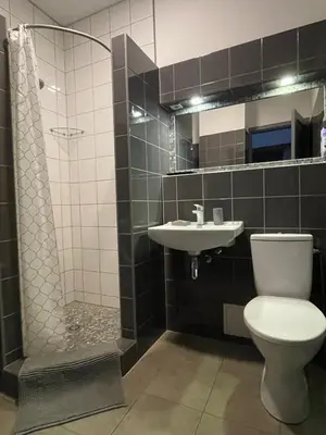 a bathroom with a shower and a toilet and a sink at newTown in Kaunas